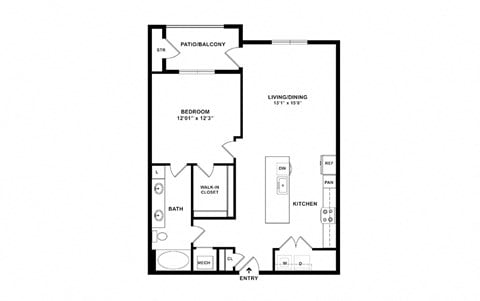 Floor plan for 1 bed, 1 bath, 831 sqft